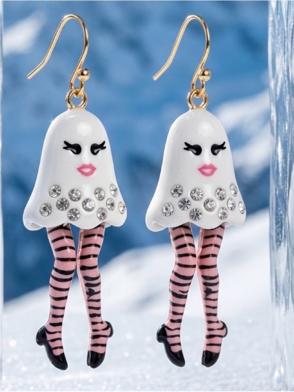 BETSEY JOHNSON WHITE GHOST PINK STRIPED DANGLING LEGS EARRINGS NEW